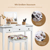 Vanity dressing table set with flip top mirror, featuring 3 drawers and a floral stool, ideal for cosmetics storage.