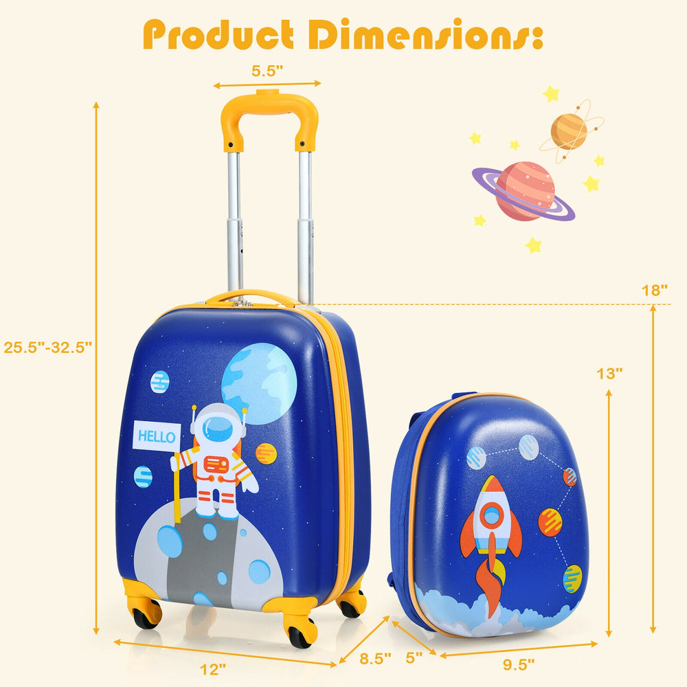 Kids luggage set featuring a blue suitcase with rocket design and matching backpack, ideal for travel and storage.