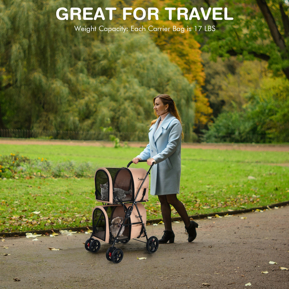 4-in-1 double pet stroller in beige with detachable carriers, perfect for travel and outdoor adventures with pets.