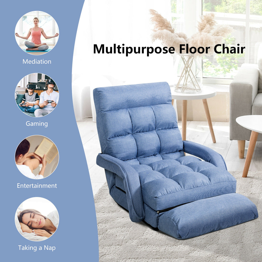 Blue folding lazy floor chair with armrests and pillow, ideal for gaming, meditation, or napping in any room.