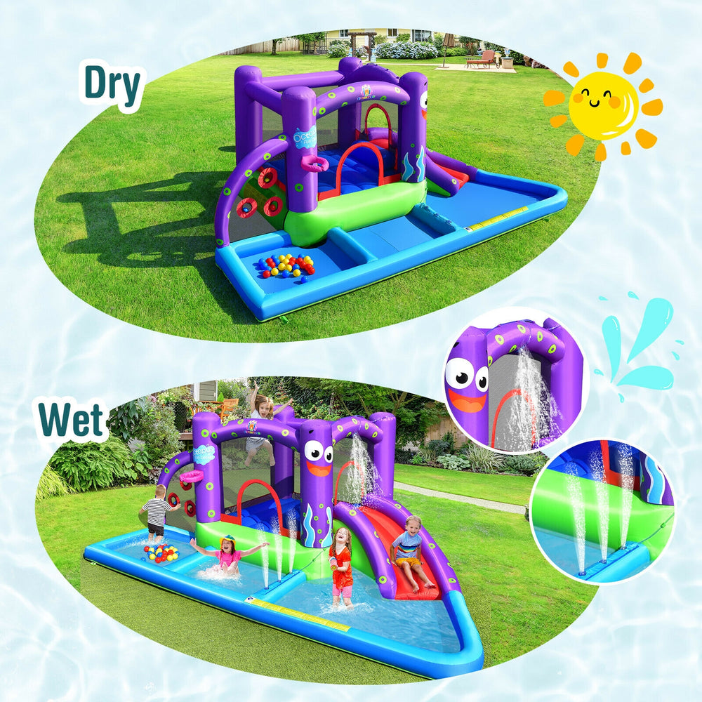 Inflatable water slide castle with octopus design, featuring a splash pool, slide, and fun activities for kids.