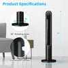 42-inch black tower fan with remote control, 80° oscillation, and smart display, ideal for home or office use.