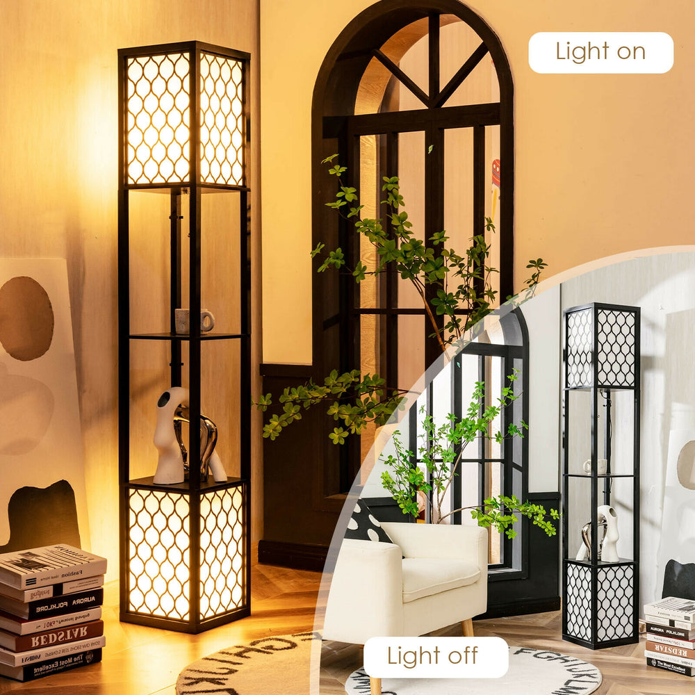 Freestanding floor lamp with storage shelf, featuring a stylish design and gentle brightness, ideal for living rooms.