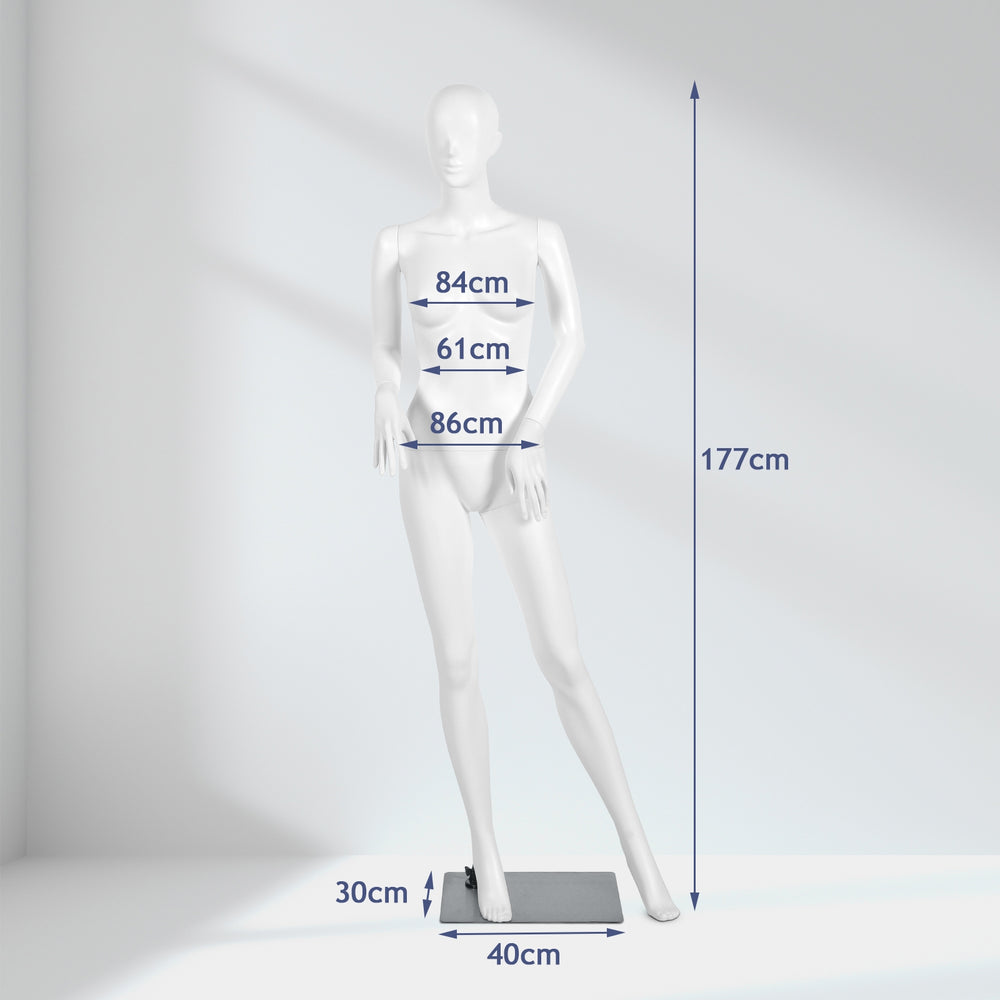 5.8 ft female mannequin with hands on waist, detachable arms and torso, made of durable plastic and aluminum for.