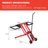 Hydraulic lawnmower lift jack with adjustable height and width, designed for easy maintenance of tractors and riding.
