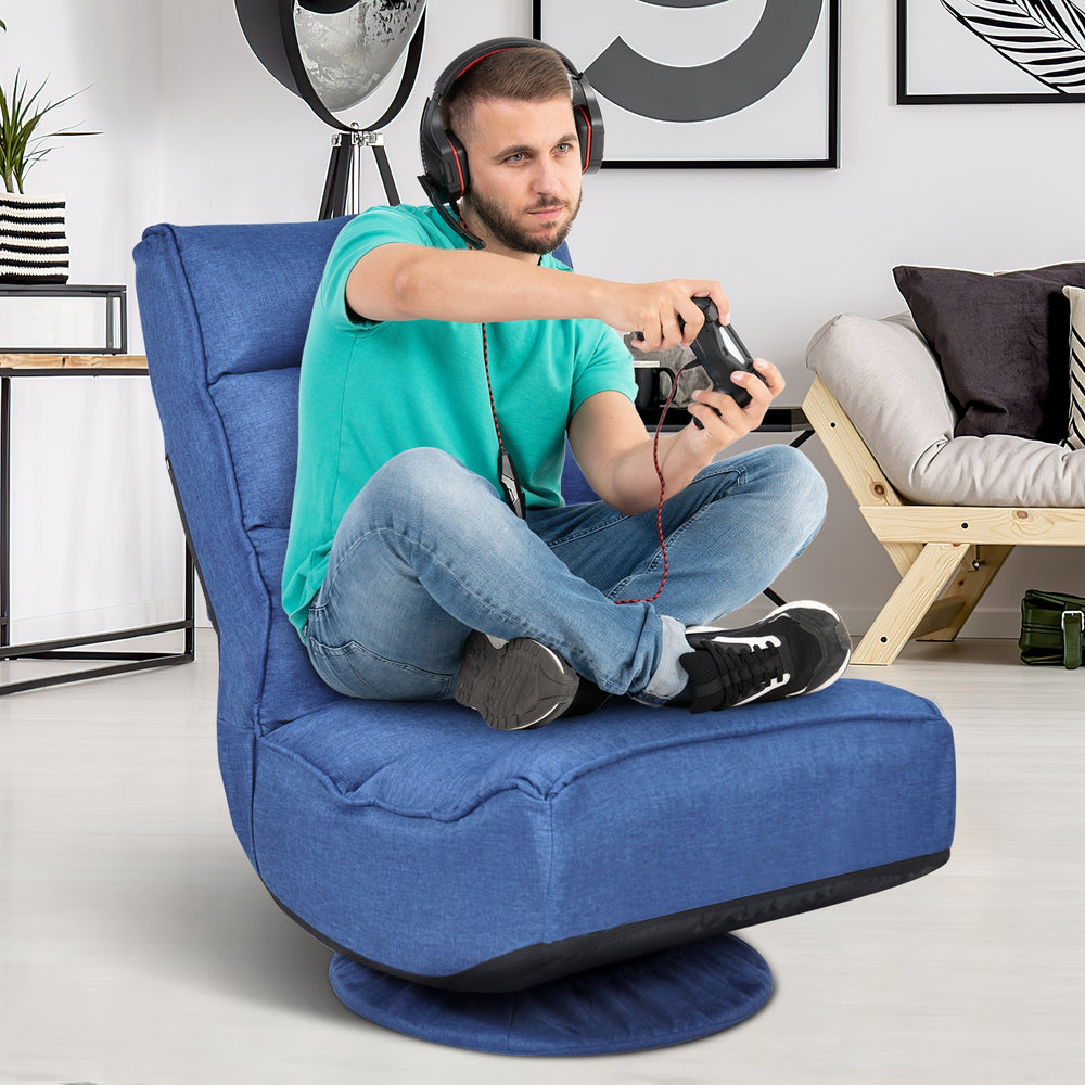 Navy 5-position folding floor gaming chair with 360-degree swivel, high-density sponge, and removable base cover for.