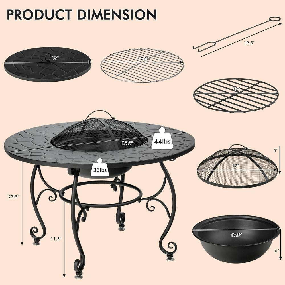 Round 35.5-inch patio fire pit dining table with BBQ grate, sturdy steel frame, ideal for outdoor gatherings and.
