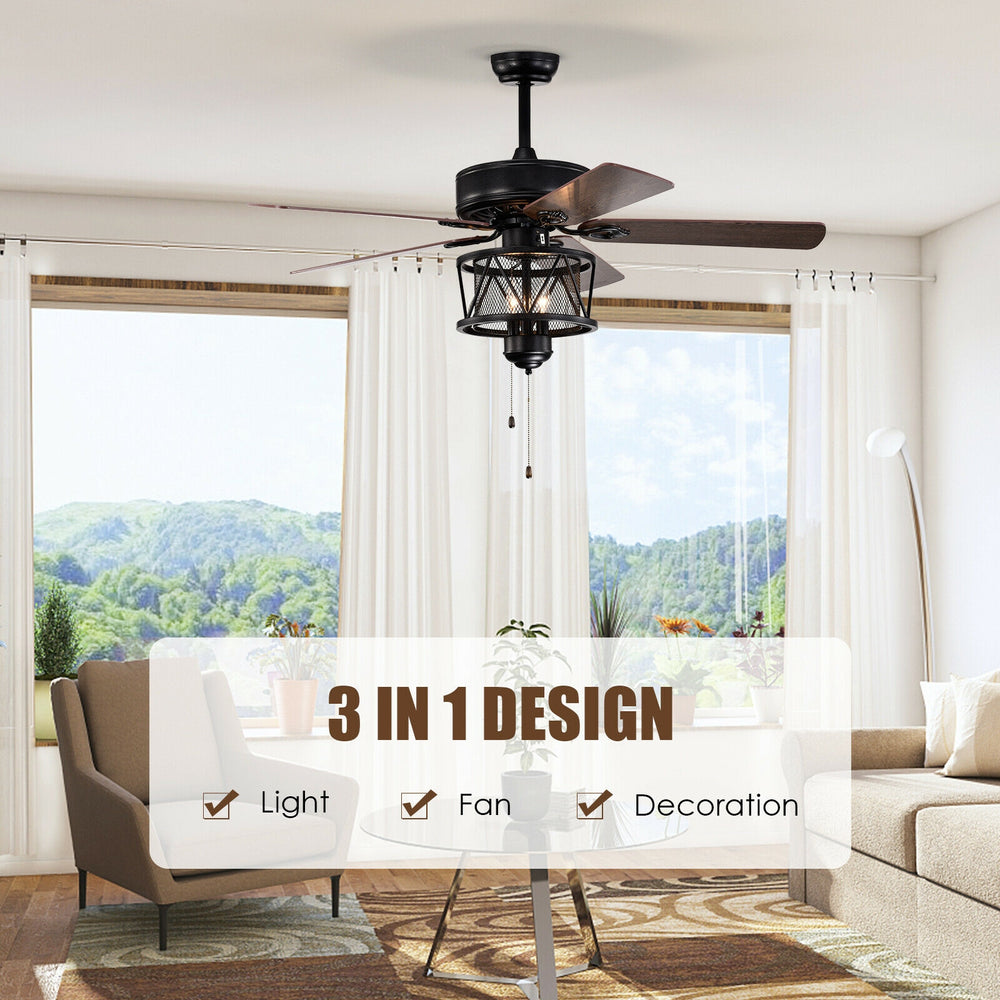 50-inch black ceiling fan with lights, reversible blades, and pull chain control for versatile home decoration and.