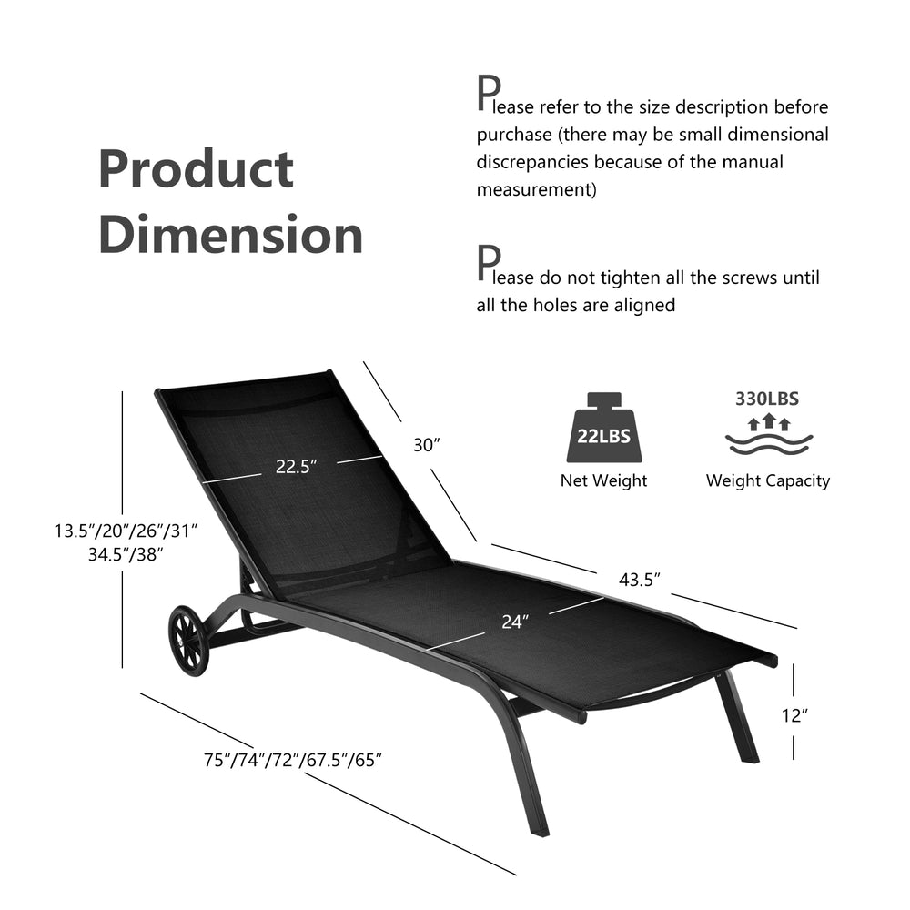 Adjustable outdoor chaise recliner with wheels in black, featuring a heavy-duty steel frame and breathable fabric for.
