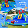 Inflatable waterslide bounce house with dual slides, climbing wall, and splash pool for wet and dry play.