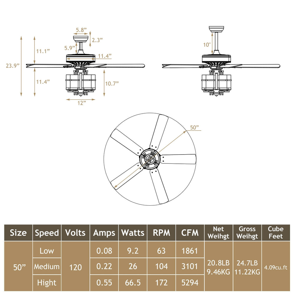 50-inch black ceiling fan with explosion-proof glass lampshades, reversible MDF blades, and 3-speed remote control for.