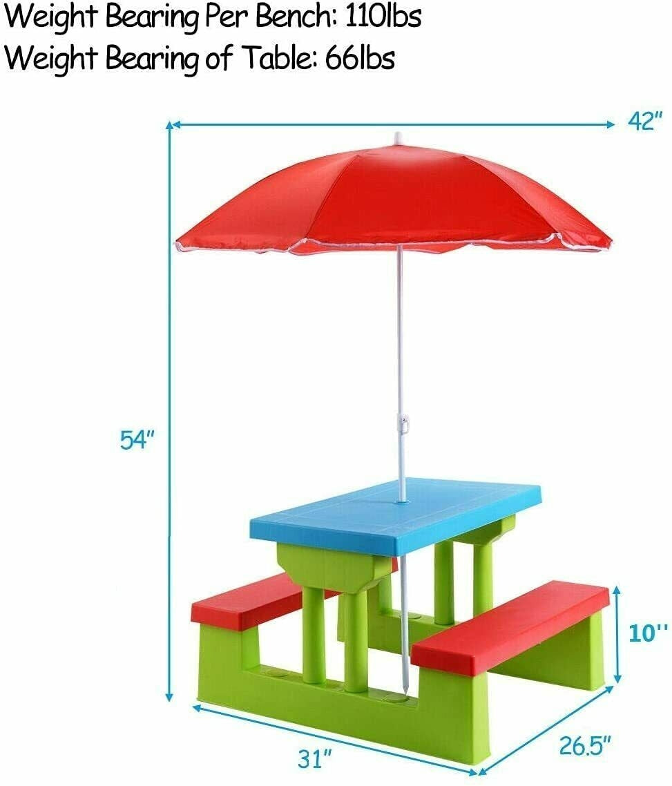 Kids picnic folding table and bench set with red umbrella, made from non-toxic PP material, ideal for outdoor play and.