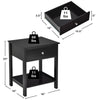 Black wooden storage shelf with drawer showcasing dimensions of 23" height and 19" width, perfect for compact spaces.