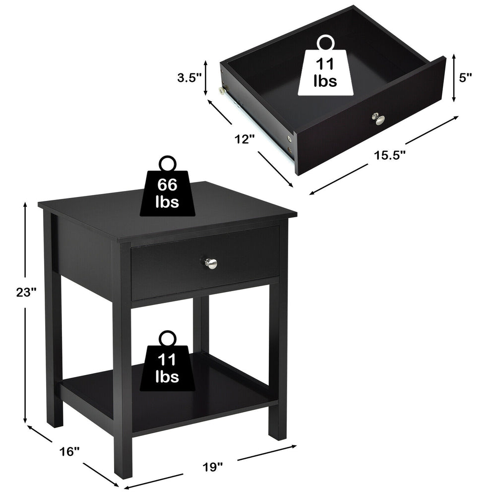 Black wooden storage shelf with drawer showcasing dimensions of 23" height and 19" width, perfect for compact spaces.