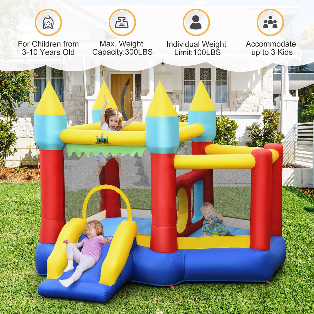 Kid's inflatable bouncer with slide, mesh walls, and basketball, suitable for 3 kids aged 3-10 years, for outdoor fun.