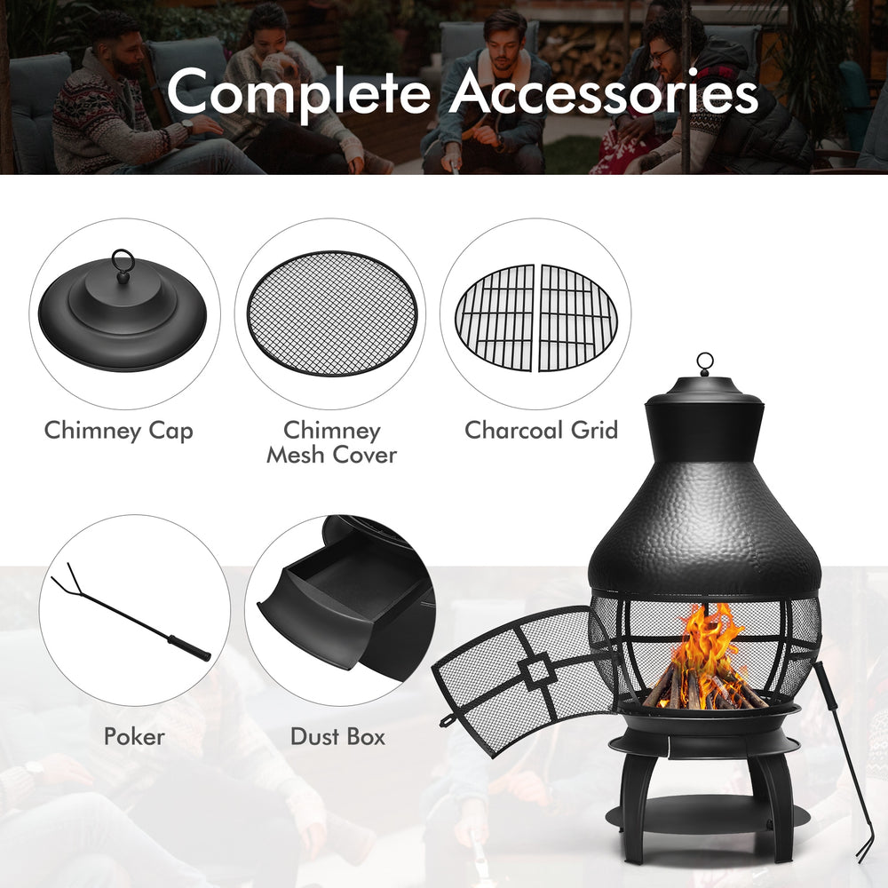 Patio wood burning chimney fireplace with heavy-duty cast iron, round roof, and complete accessories for outdoor use.