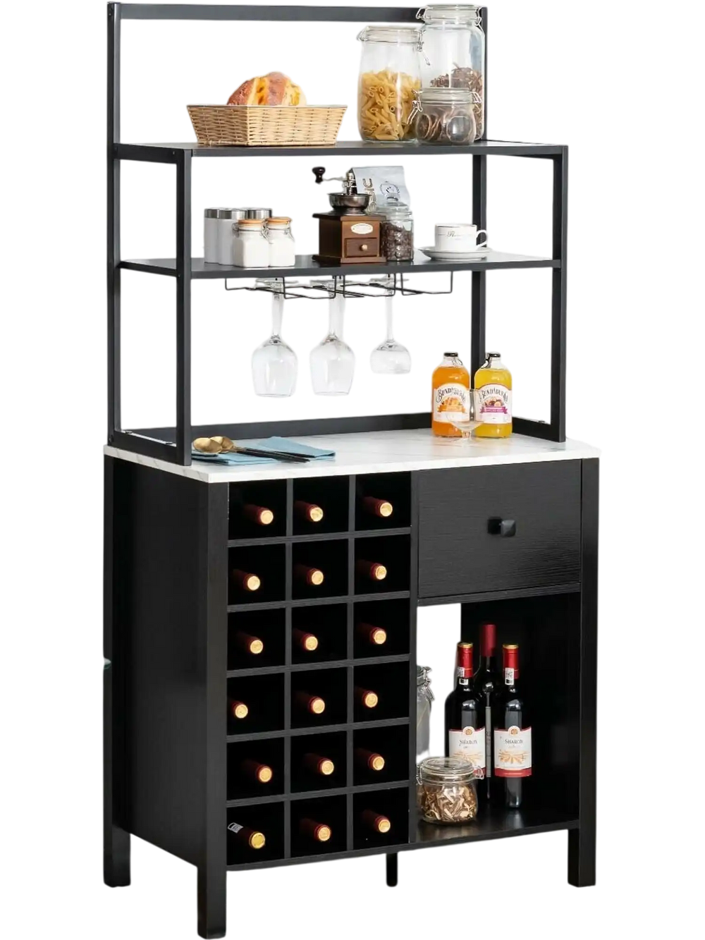 Black kitchen baker's rack featuring a drawer and 3-tier shelf, perfect as a microwave stand or display shelving unit.