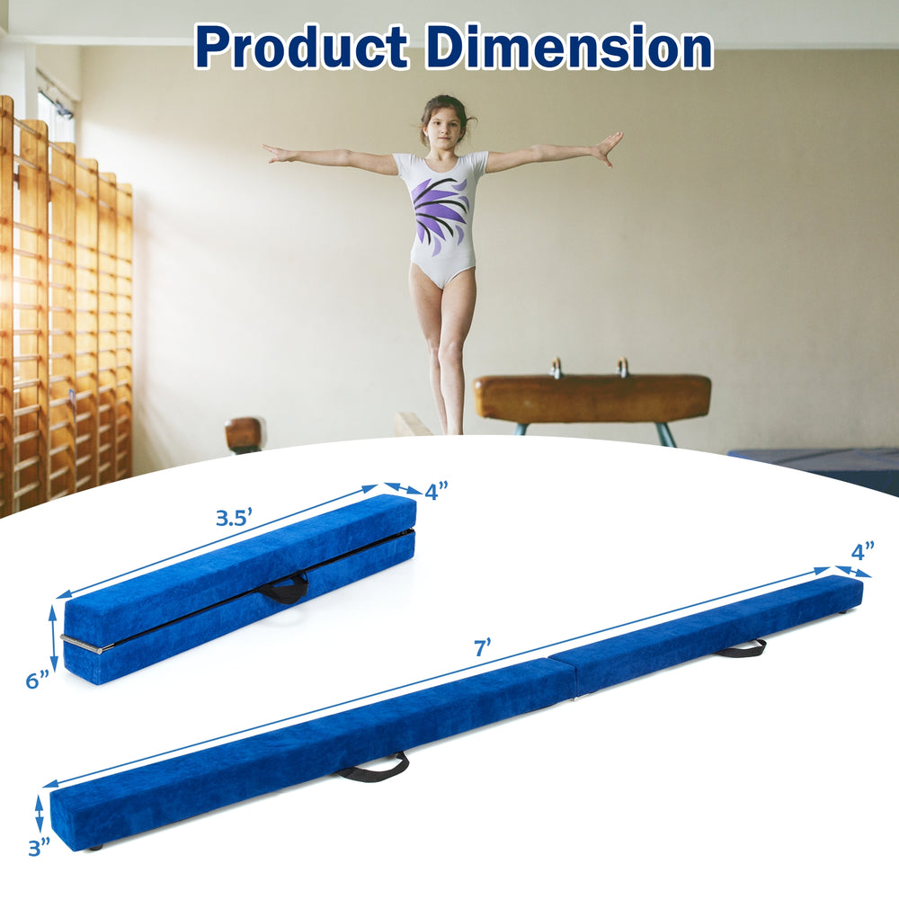 Folding 7-foot blue balance beam with handles, featuring a wood core and foam top for safe gymnastic training.