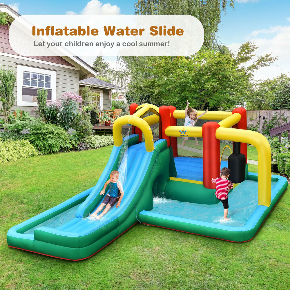 Inflatable water slide with climbing wall and splash pool, made from durable oxford cloth, perfect for outdoor fun.