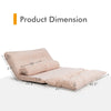 Adjustable beige sleeper lounge couch with two pillows, showcasing dimensions for versatile use as a sofa or bed.