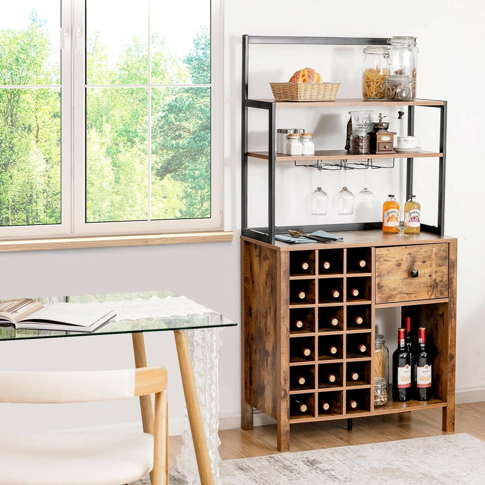 Kitchen Bakers Rack Freestanding Wine Rack Table with Glass Holder and Drawer-Rustic Brown - Gallery View 1 of 9