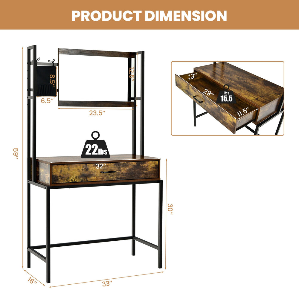 Industrial vanity table with adjustable mirror, spacious drawer, and rustic brown finish for stylish bedroom decor.