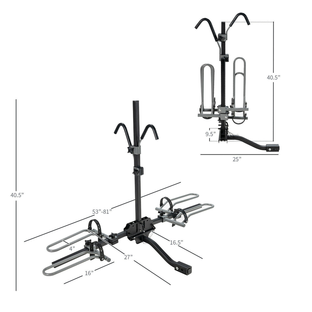 2-bike hitch mount bike rack with adjustable wheel holders and foam-padded hooks for secure transport of bikes.