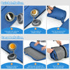 Self-inflating blue camping sleeping mattress with carry bag, featuring waterproof TPU and sponge padding for comfort.