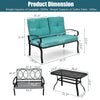 Turquoise cushioned loveseat and coffee table set with sturdy steel frame, ideal for outdoor patio and garden use.