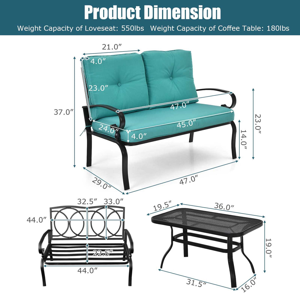 Turquoise cushioned loveseat and coffee table set with sturdy steel frame, ideal for outdoor patio and garden use.