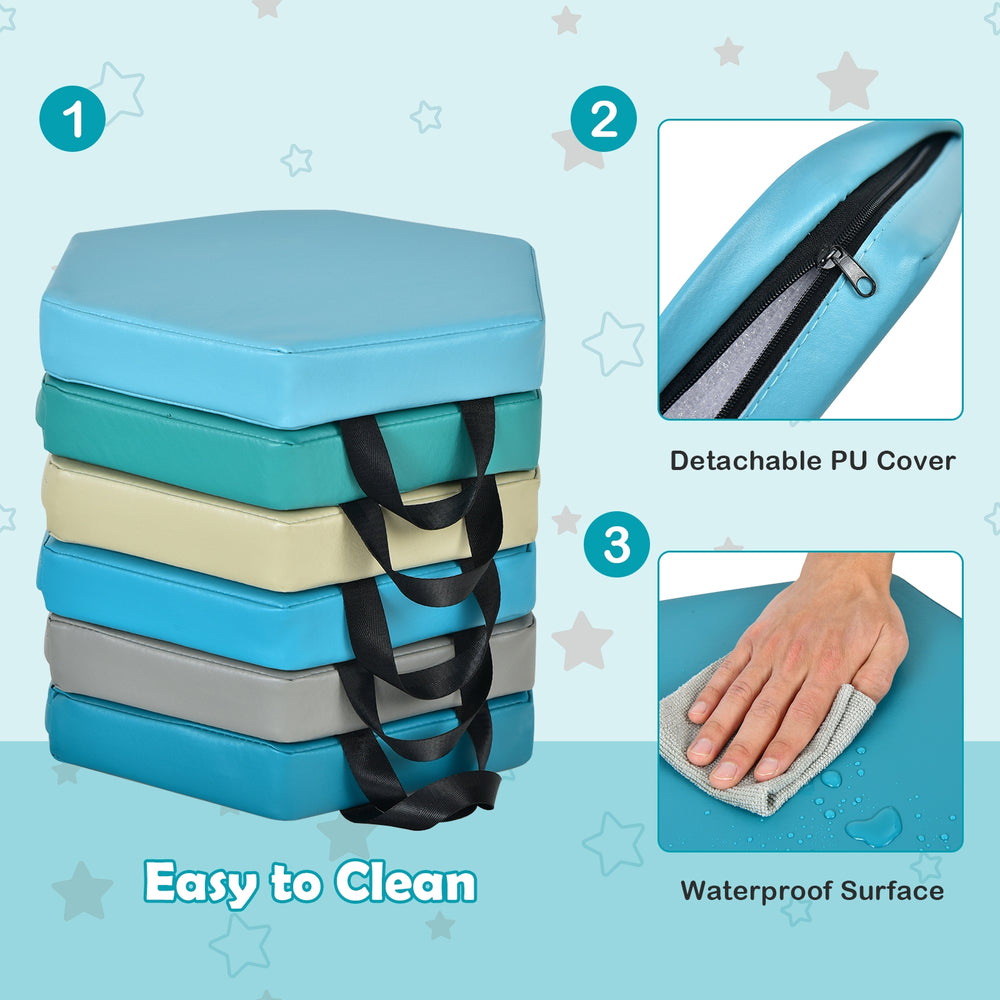 Multicolor hexagon toddler floor cushions with handles, made of waterproof PU for easy cleaning and comfort.