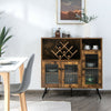 Rustic brown buffet storage cupboard with glass doors, adjustable shelves, and industrial style for kitchen or dining.