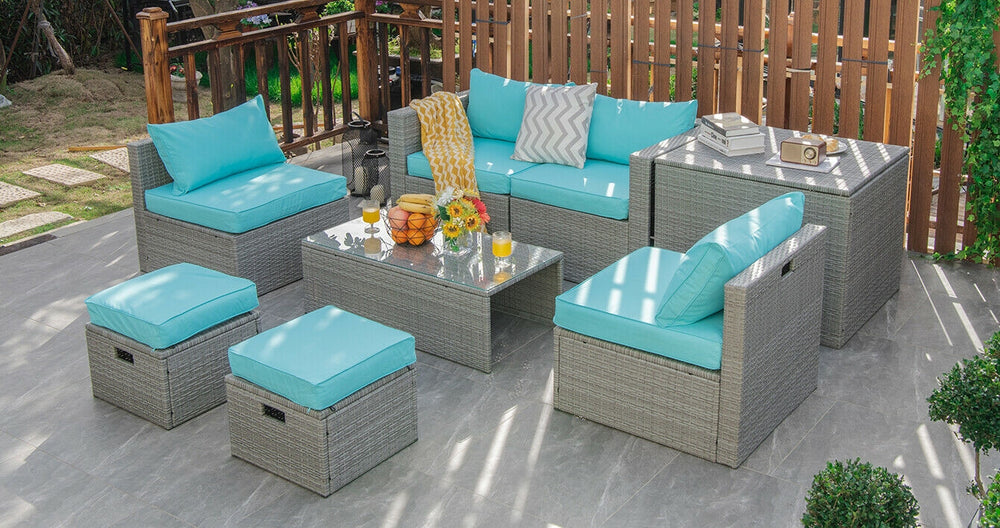 8 Pieces Patio Rattan Furniture Set with Storage Waterproof Cover and Cushion-Turquoise - Gallery View 1 of 11