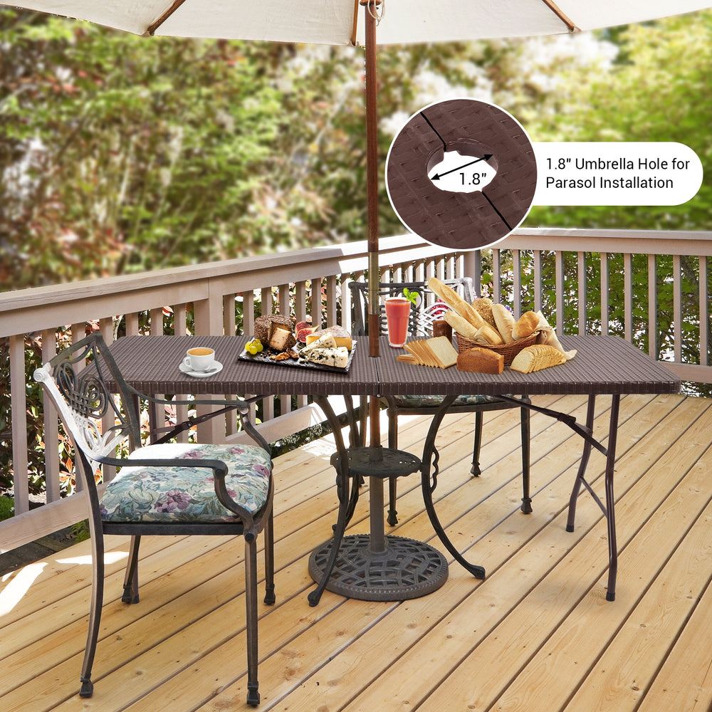 6 feet folding portable rattan table with carrying handle, featuring a smooth surface and interlocking midsection for.