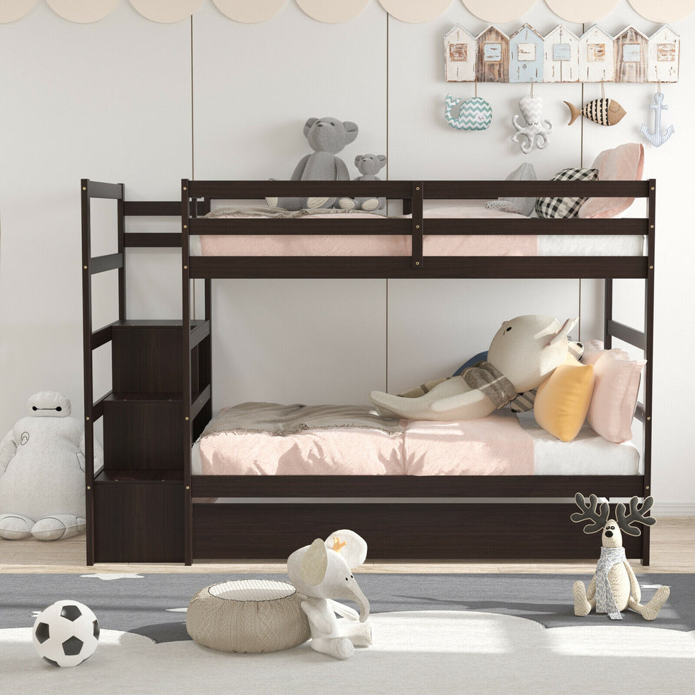 Twin over twin bunk bed in dark brown with storage shelf, drawer, and safety guardrail for kids' bedrooms.