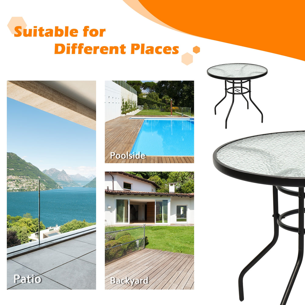 32-inch round patio table with tempered glass top and steel frame, featuring an umbrella hole for outdoor use.
