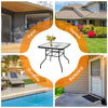 Black steel square table with tempered glass top, perfect for patio or garden use, featuring umbrella hole and stylish.