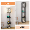 Modern standing shelf lamp with open shelves, power outlet, and USB ports, ideal for corner placement in living rooms.