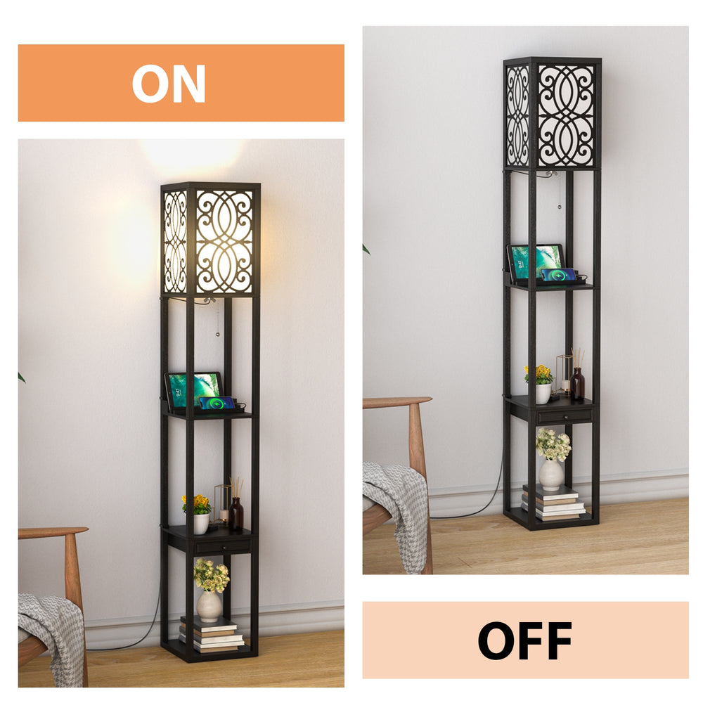 Modern standing shelf lamp with open shelves, power outlet, and USB ports, ideal for corner placement in living rooms.