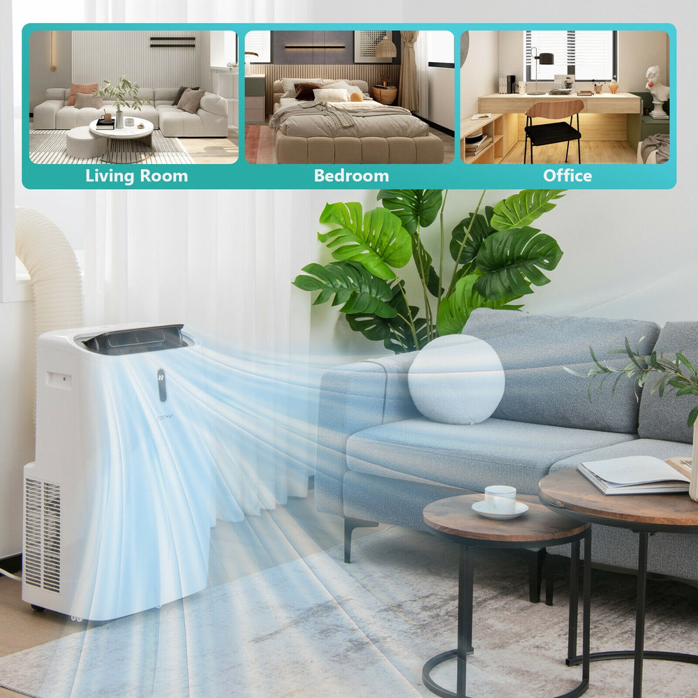 Portable 12000 BTU air conditioner in white, featuring 3 speed settings and 70° oscillation for effective cooling in.