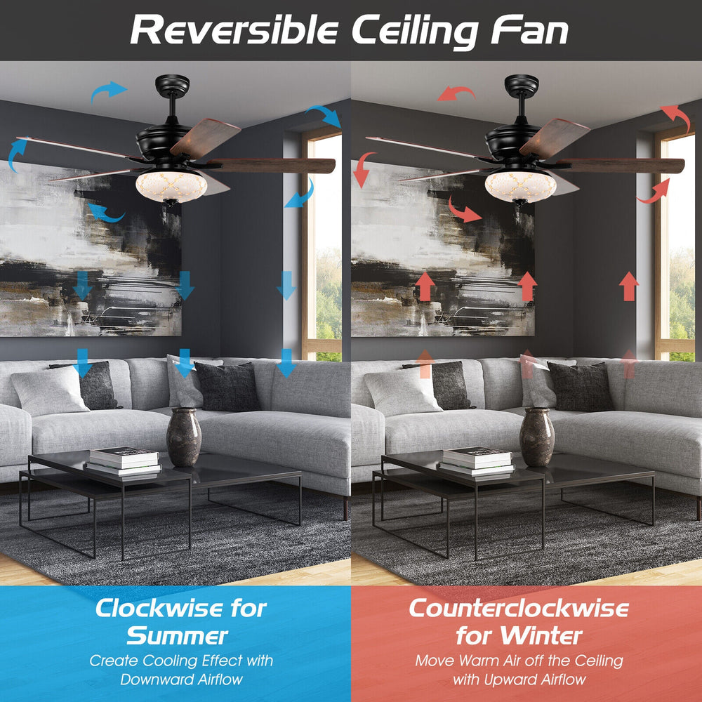 52-inch black ceiling fan with 5 reversible blades, remote control, and 3 wind speeds for year-round comfort.