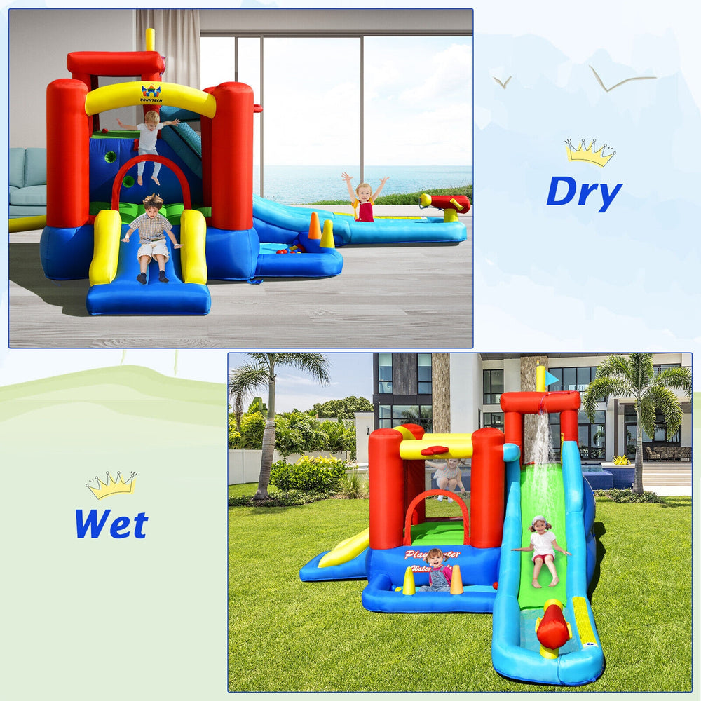 Inflatable 9-in-1 kids water slide bounce house with splash pool, designed for outdoor fun and safe play for up to 6.