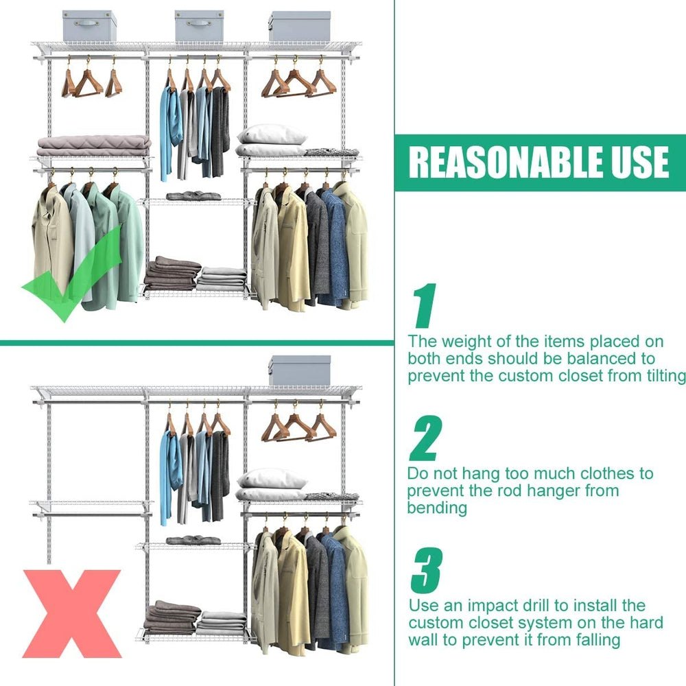 Adjustable wall-mounted closet rack system in powder-coated steel with shelves and hanging rods for organized storage.