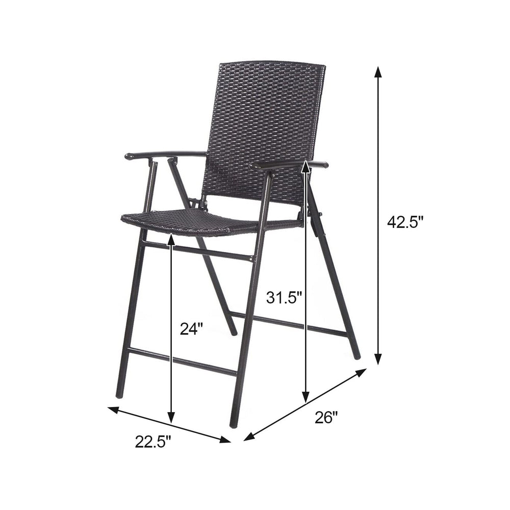 Folding rattan bar chair with armrests and footrest, featuring a durable steel frame, ideal for outdoor and indoor use.
