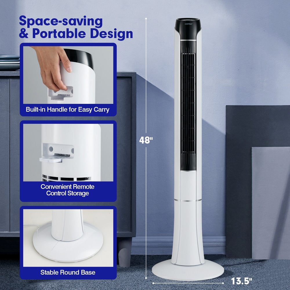 Portable 48-inch tower fan in white with remote control, featuring a space-saving design and built-in handle for easy.