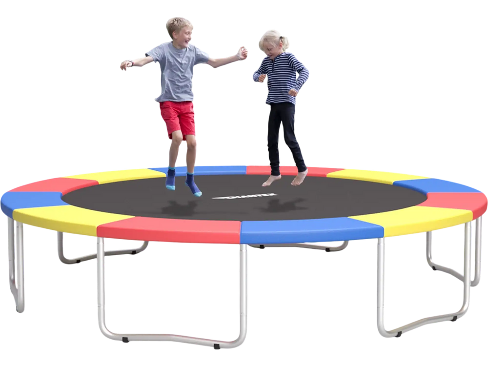 Multicolor trampoline safety pad covering springs, made of waterproof PVC and PE, providing edge-to-edge protection for.