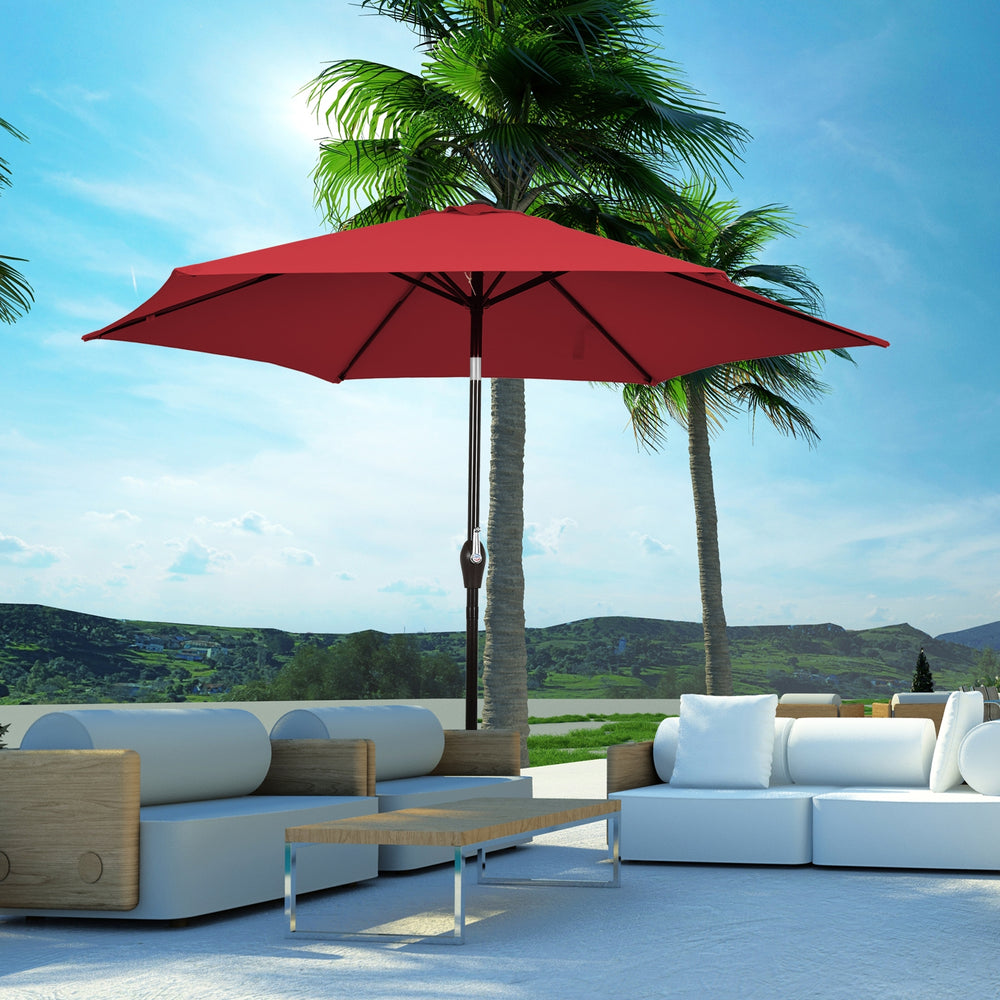 Dark red 10 feet outdoor patio umbrella with tilt adjustment and crank, ideal for sun protection and rain shelter.