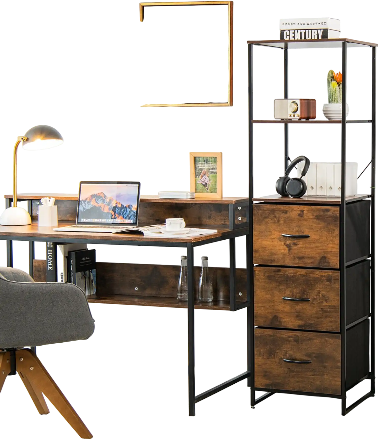 Costway Freestanding Vertical 3-Drawer Dresser Bookshelf 3-Shelf Rustic Brown 63147820 New