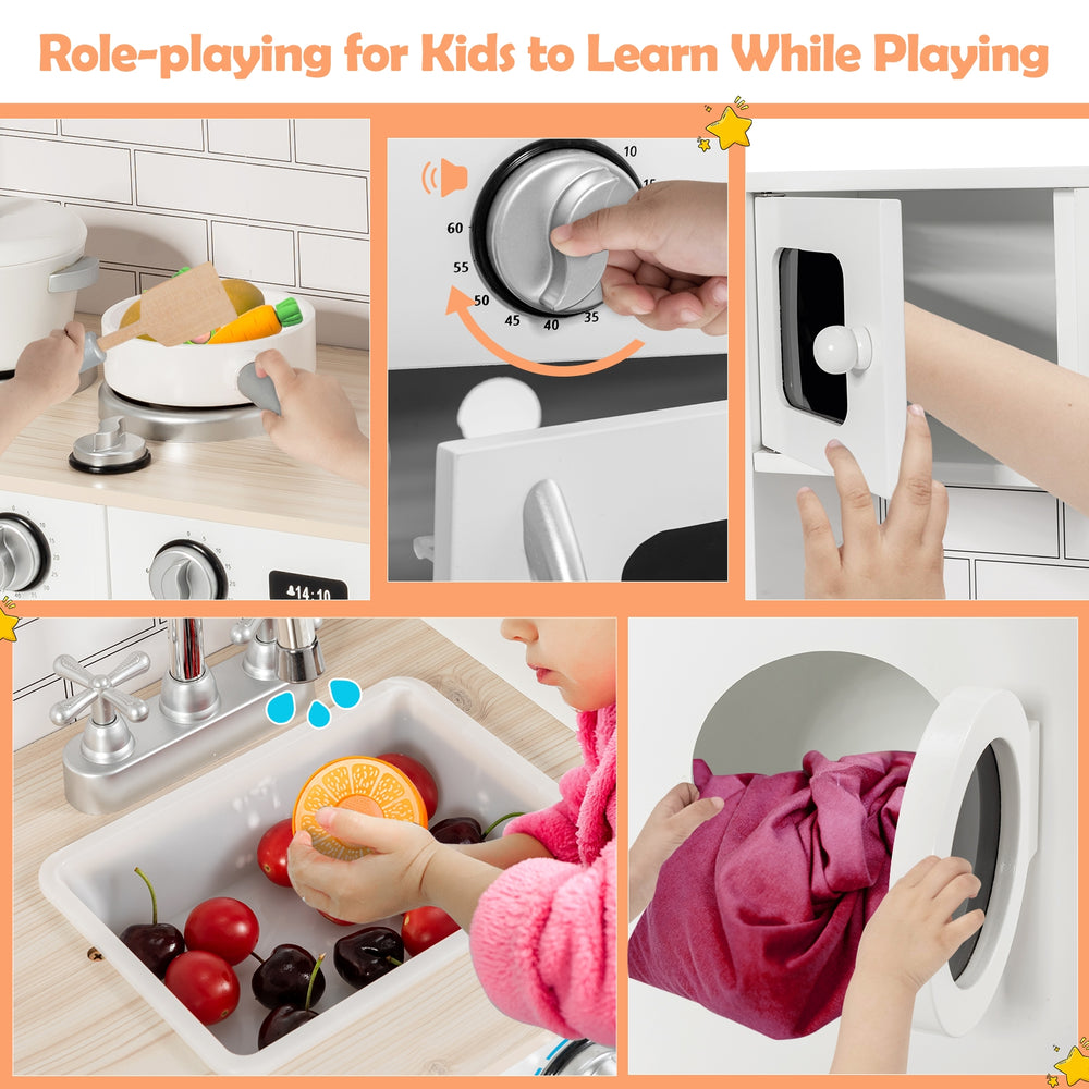 Kids kitchen playset featuring a washing machine, oven, and sink, designed for imaginative role-playing and learning.
