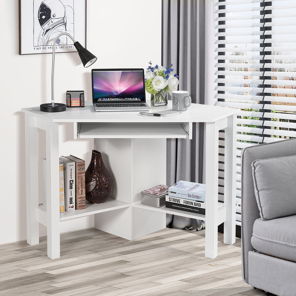 White wooden corner computer desk with drawer and shelves, perfect for maximizing space in a home office or study.